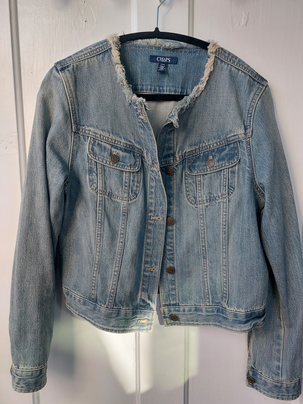 Chaps Light Wash Blue Denim Jacket with Frayed Collar, Vintage 90s